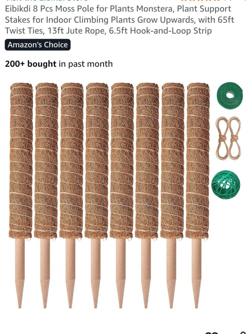 Natural Coconut Coir Moss Poles for Climbing Plants - 8 Pack (Brown)